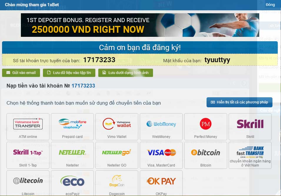 Đăng ký tài khoản 1XBET bằng điện thoại
