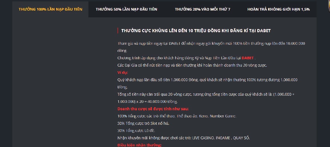 Dịch vụ của nhà cái Dabet