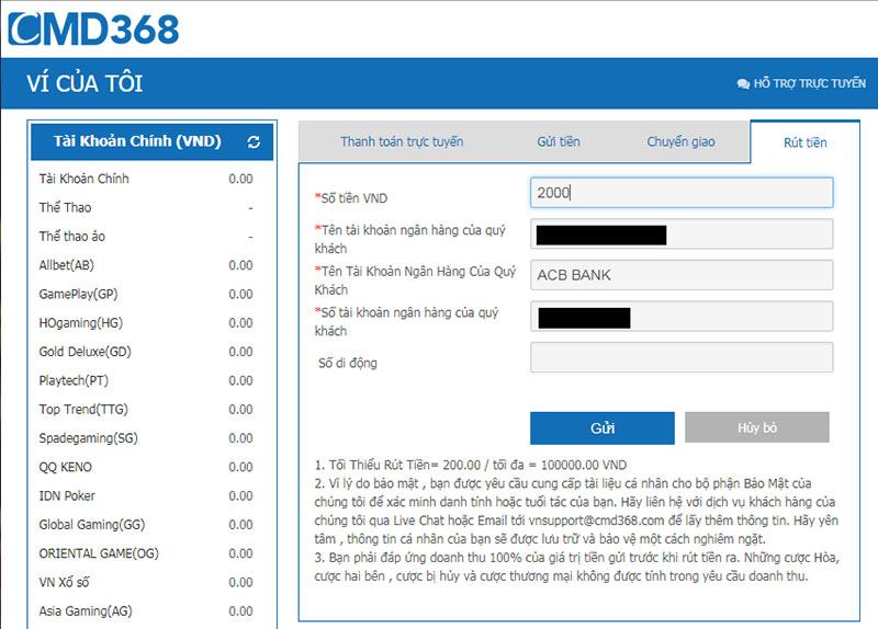 Hướng dẫn rút tiền tại CMD368