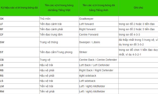 Tên tiếng anh các vị trí trong bóng đá